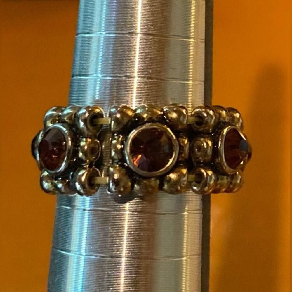 Gold Tone Red Stone Band Ring Beaded Cluster Size 7.5 Chunky Wide Stretch Boho